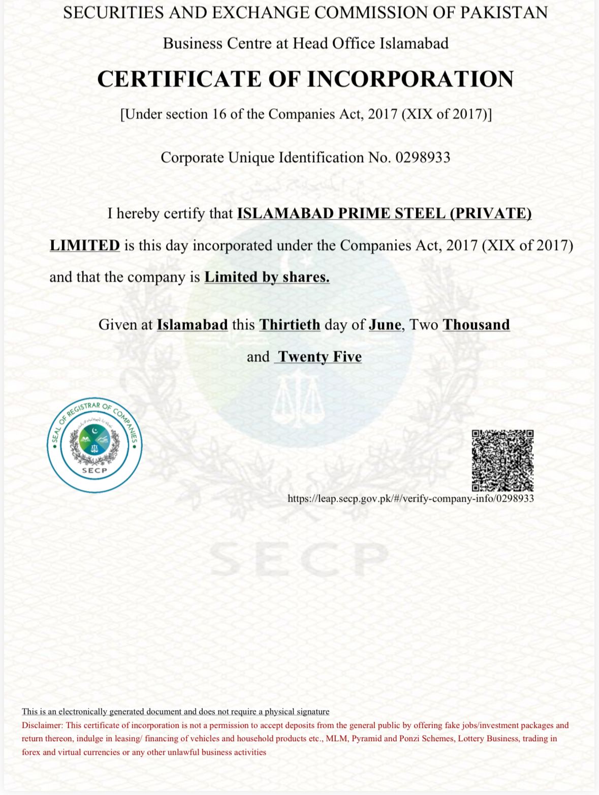 ISO Certification — Islamabad Prime Steel
