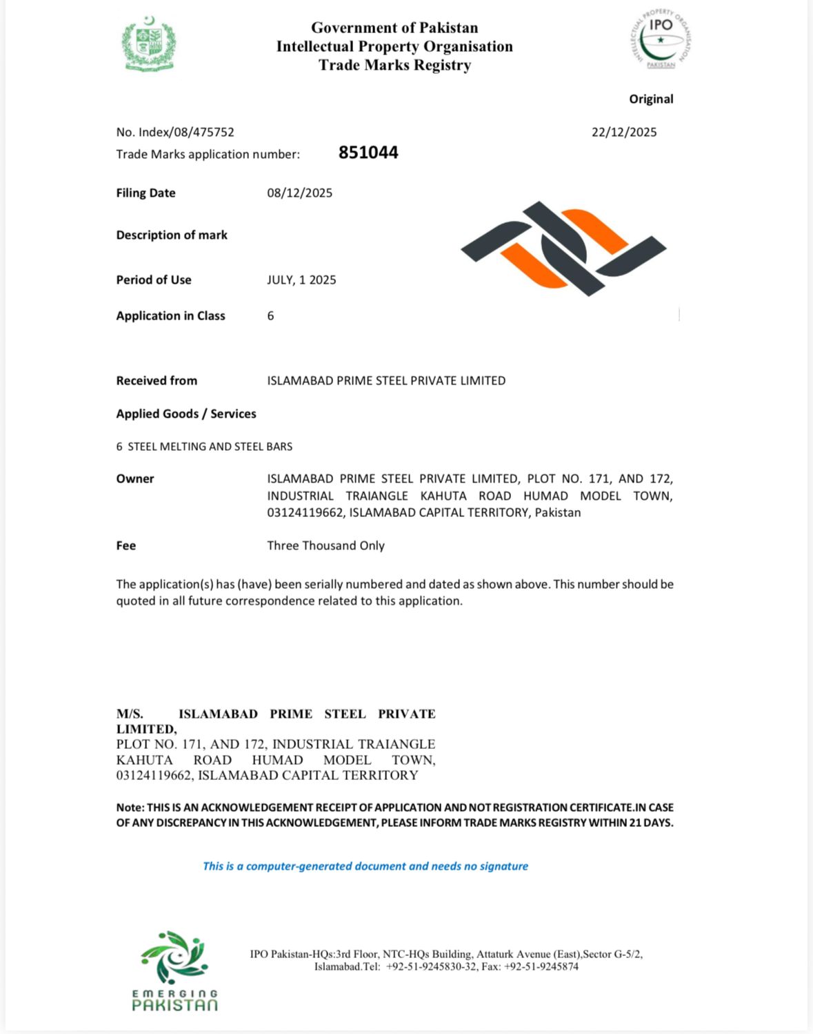 PSQCA Certification — Islamabad Prime Steel